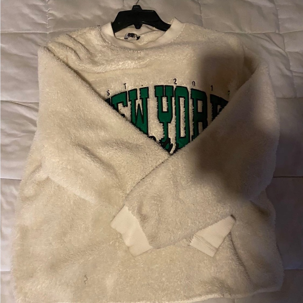 White and Green furry sweater